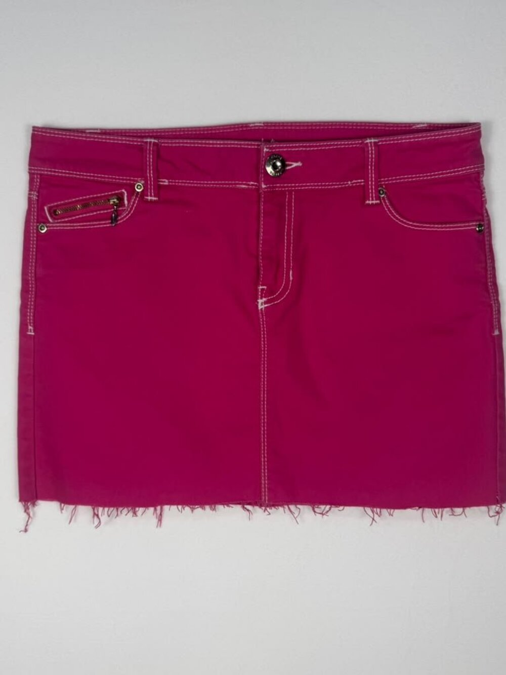 Cache Hot Pink Denim Mini Skirt Raw Hem Contrast Stitch 6